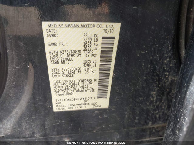 Продаж на аукціоні авто 2011 Nissan Armada Platinum, vin: 5N1BA0NE0BN605311, номер лоту: 12679274