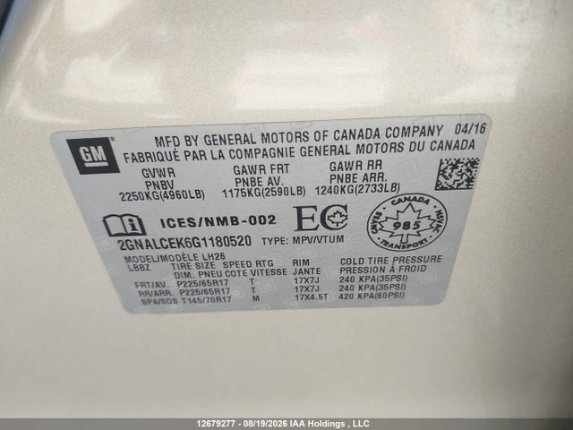12679277 :رقم المزاد ، 2GNALCEK6G1180520 vin ، 2016 Chevrolet Equinox Lt مزاد بيع