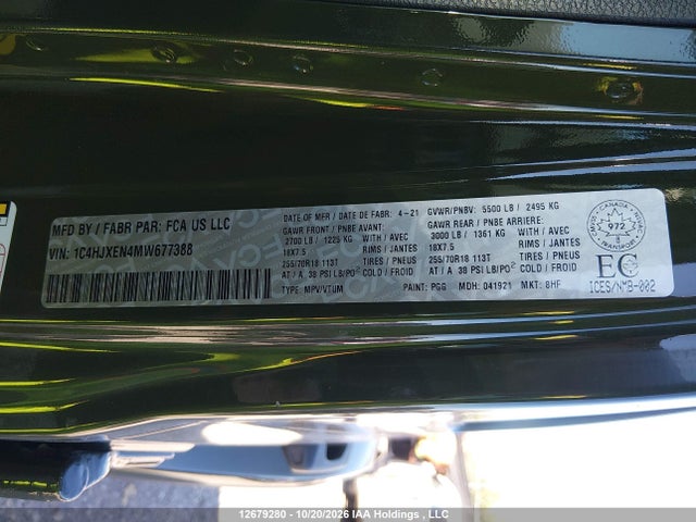 Продаж на аукціоні авто 2021 Jeep Wrangler Unlimited Sahara, vin: 1C4HJXEN4MW677388, номер лоту: 12679280