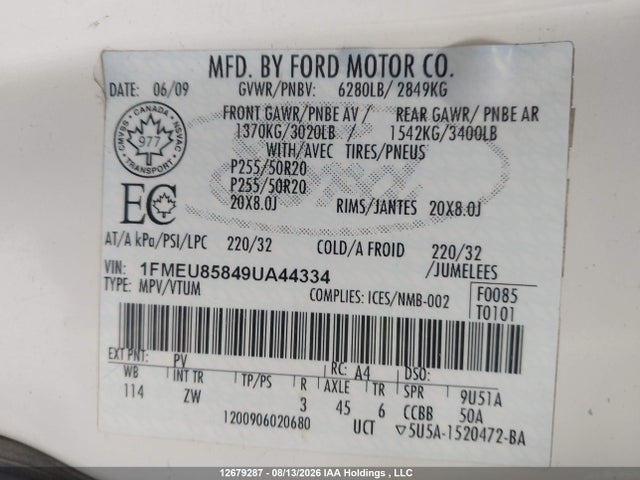 Продажа на аукционе авто 2009 Ford Explorer Limited, vin: 1FMEU85849UA44334, номер лота: 12679287