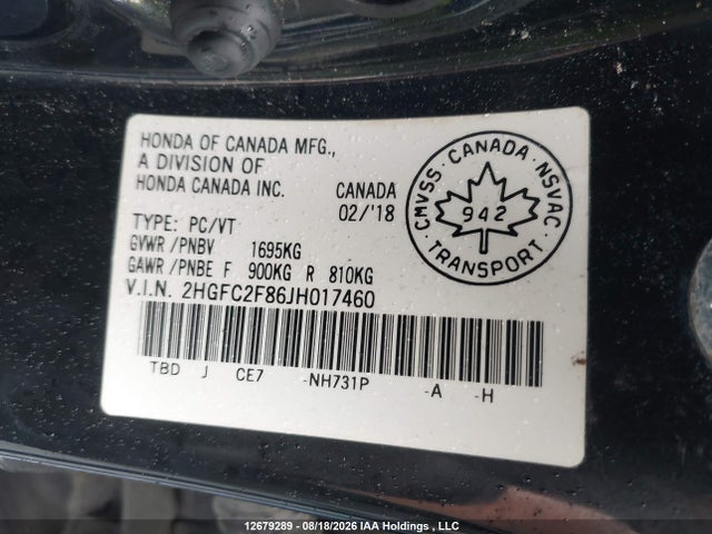 Honda CIVIC EX 2018 2HGFC2F86JH017460 Image 9