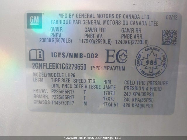 12679310 :رقم المزاد ، 2GNFLEEK1C6279650 vin ، 2012 Chevrolet Equinox مزاد بيع