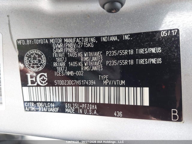 2017 Toyota Sienna Xle 7 Passenger მანქანა იყიდება აუქციონზე, vin: 5TDDZ3DC7HS174394, აუქციონის ნომერი: 12679328