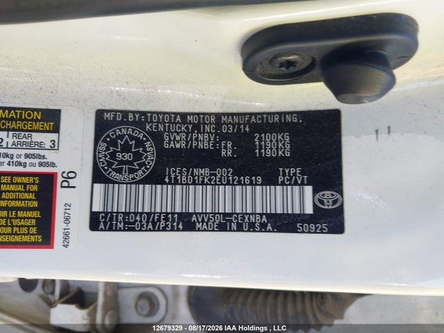 4T1BD1FK2EU121619 Toyota Camry Hybrid Le