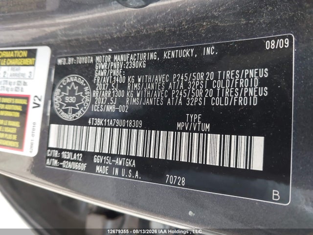 Aukcja sprzedaży 2009 Toyota Venza, vin: 4T3BK11A79U018309, numer aukcji: 12679355