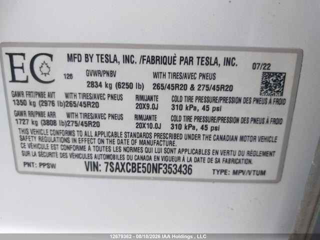 Продаж на аукціоні авто 2022 Tesla Model X, vin: 7SAXCBE50NF353436, номер лоту: 12679362
