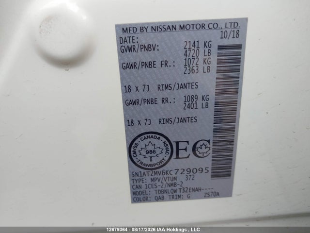 Aukcja sprzedaży 2019 Nissan Rogue S/sl/sv, vin: 5N1AT2MV6KC729095, numer aukcji: 12679364