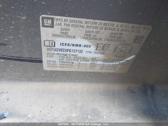 12679381 :رقم المزاد ، 3GTU2VEC9FG137132 vin ، 2015 Gmc Sierra 1500 Slt مزاد بيع