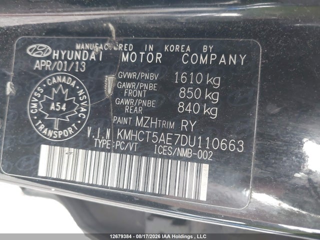 2013 Hyundai Accent Gl მანქანა იყიდება აუქციონზე, vin: KMHCT5AE7DU110663, აუქციონის ნომერი: 12679384