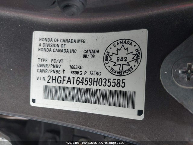 Продаж на аукціоні авто 2009 Honda Civic Sdn, vin: 2HGFA16459H035585, номер лоту: 12679393