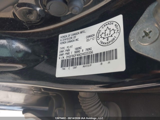 Aukcja sprzedaży 2012 Honda Civic Lx, vin: 2HGFB2F4XCH033356, numer aukcji: 12679402