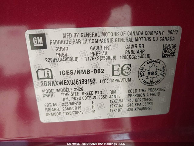 Продажа на аукционе авто 2018 Chevrolet Equinox, vin: 2GNAXWEX8J6188193, номер лота: 12679405