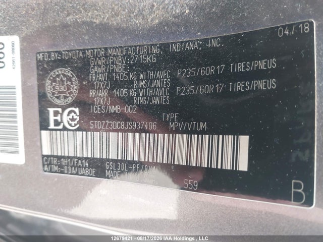 5TDZZ3DC8JS937406 Toyota Sienna L