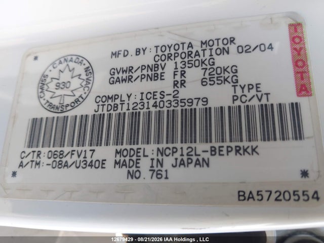 Aukcja sprzedaży 2004 Toyota Echo, vin: JTDBT123140335979, numer aukcji: 12679429