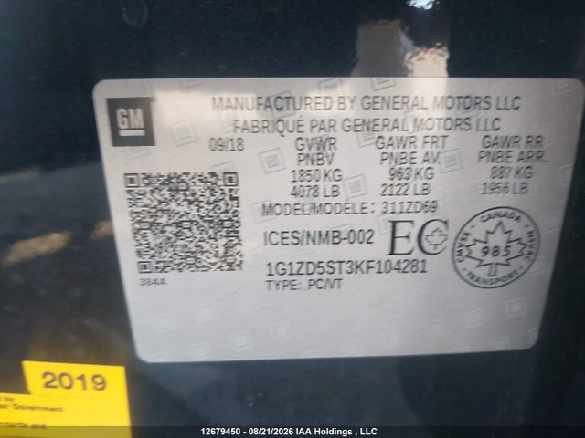 12679450 :رقم المزاد ، 1G1ZD5ST3KF104281 vin ، 2019 Chevrolet Malibu مزاد بيع