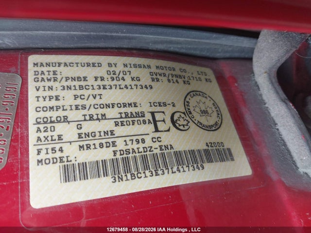 2007 Nissan Versa მანქანა იყიდება აუქციონზე, vin: 3N1BC13E37L417349, აუქციონის ნომერი: 12679458