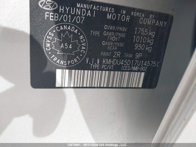 Aukcja sprzedaży 2007 Hyundai Elantra, vin: KMHDU45D17U145751, numer aukcji: 12679461