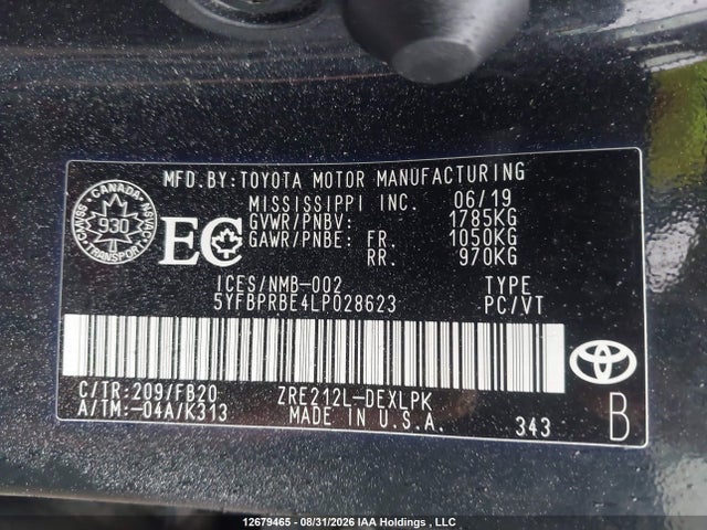 12679465 :رقم المزاد ، 5YFBPRBE4LP028623 vin ، 2020 Toyota Corolla Le مزاد بيع