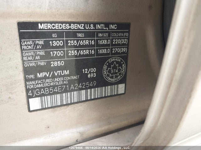 12679466 :رقم المزاد ، 4JGAB54E71A242549 vin ، 2001 Mercedes-benz Ml 320 مزاد بيع