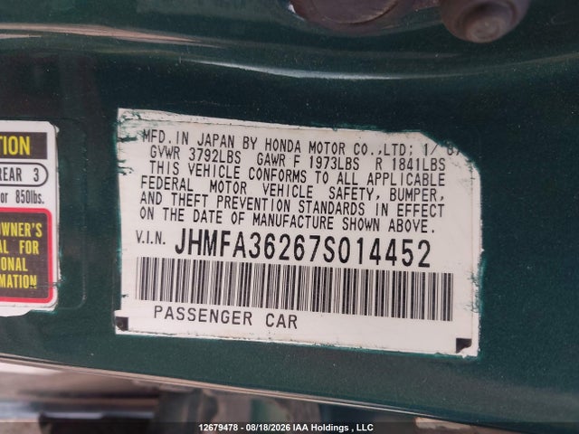 Aukcja sprzedaży 2007 Honda Civic Hybrid, vin: JHMFA36267S014452, numer aukcji: 12679478