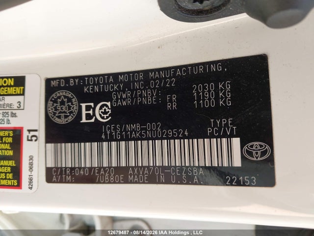 4T1G11AK5NU029524 Toyota CAMRY SE