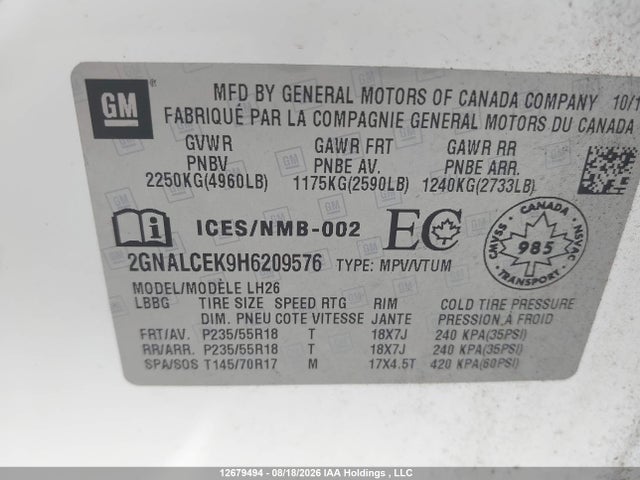 Продажа на аукционе авто 2017 Chevrolet Equinox, vin: 2GNALCEK9H6209576, номер лота: 12679494