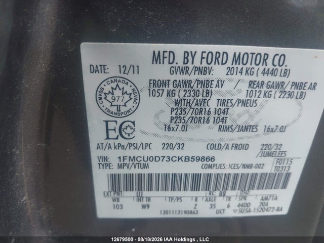 Продажа на аукционе авто 2012 Ford Escape Xlt, vin: 1FMCU0D73CKB59866, номер лота: 12679500