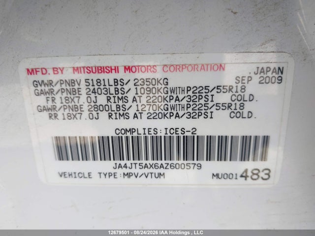 Продажа на аукционе авто 2010 Mitsubishi Outlander Gt, vin: JA4JT5AX6AZ600579, номер лота: 12679501