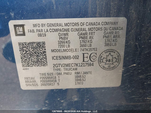 Продаж на аукціоні авто 2019 Gmc Sierra Limited K1500 Sle, vin: 2GTV2MEC7K1217594, номер лоту: 12679505