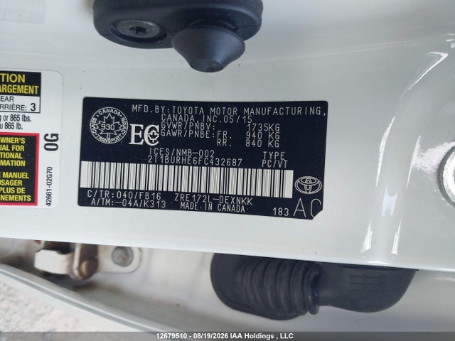 2015 Toyota Corolla Le მანქანა იყიდება აუქციონზე, vin: 2T1BURHE6FC432687, აუქციონის ნომერი: 12679510