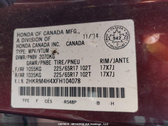Honda CR-V SE 2015 2HKRM4H4XFH104078 Image 9