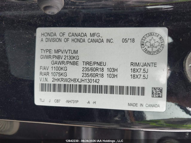 Продажа на аукционе авто 2018 Honda Cr-v Ex-l, vin: 2HKRW2H8XJH130142, номер лота: 12642230