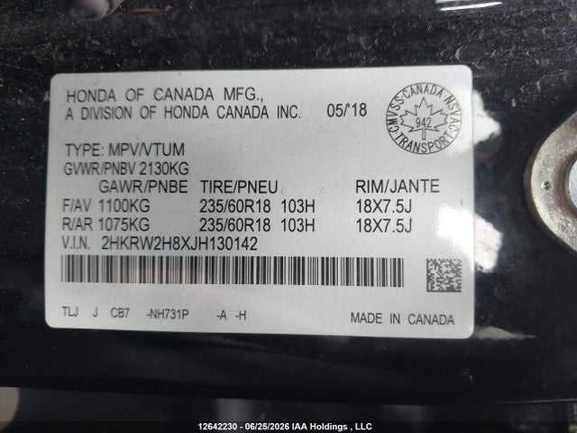 Продажа на аукционе авто 2018 Honda Cr-v Ex-l, vin: 2HKRW2H8XJH130142, номер лота: 12642230