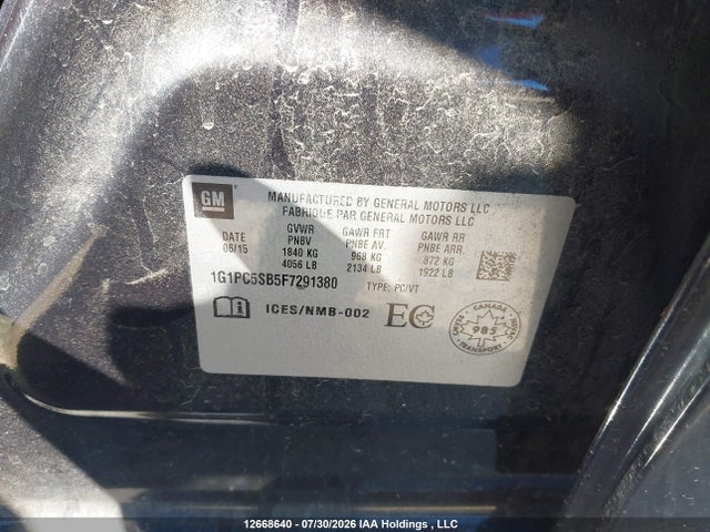 Aukcja sprzedaży 2015 Chevrolet Cruze 1lt, vin: 1G1PC5SB5F7291380, numer aukcji: 12668640