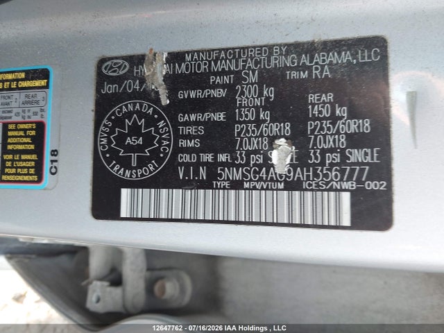 Продажа на аукционе авто 2010 Hyundai Santa Fe Gl 3.5 Sport, vin: 5NMSG4AG9AH356777, номер лота: 12647762