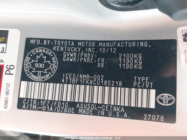 Aukcja sprzedaży 2012 Toyota Camry Se/le/xle, vin: 4T1BF1FK8CU185218, numer aukcji: 12679532