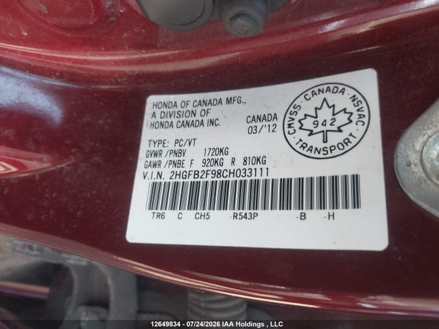 2012 Honda Civic Ex-l მანქანა იყიდება აუქციონზე, vin: 2HGFB2F98CH033111, აუქციონის ნომერი: 12649834