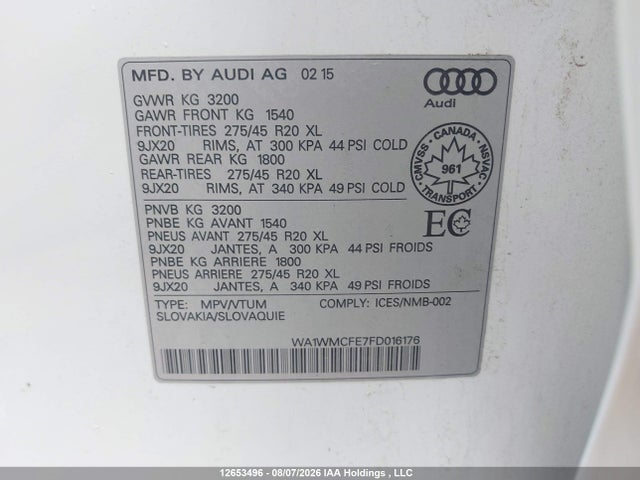 Aukcja sprzedaży 2015 Audi Q7 3.0 Tdi Vorsprung Edition, vin: WA1WMCFE7FD016176, numer aukcji: 12653496