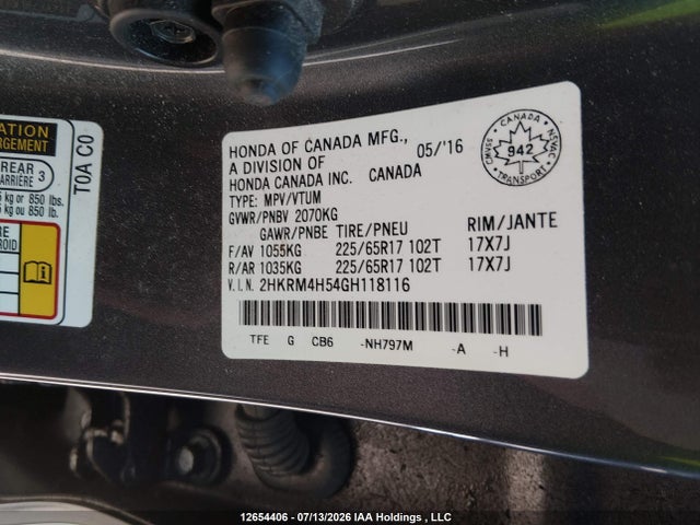 12654406 :رقم المزاد ، 2HKRM4H54GH118116 vin ، 2016 Honda Cr-v Ex مزاد بيع