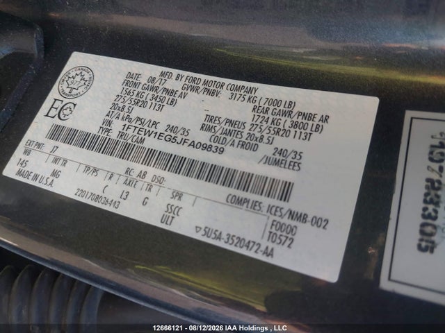 12666121 :رقم المزاد ، 1FTEW1EG5JFA09839 vin ، 2018 Ford F-150 Xlt مزاد بيع
