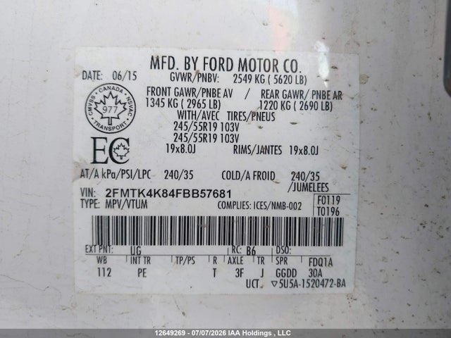 2015 Ford Edge Titanium მანქანა იყიდება აუქციონზე, vin: 2FMTK4K84FBB57681, აუქციონის ნომერი: 12649269