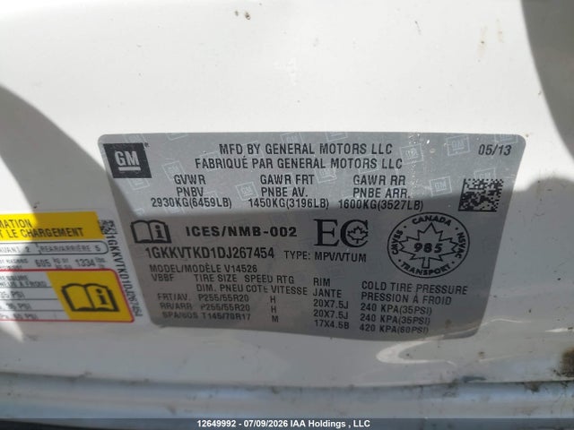 2013 Gmc Acadia Denali მანქანა იყიდება აუქციონზე, vin: 1GKKVTKD1DJ267454, აუქციონის ნომერი: 12649992