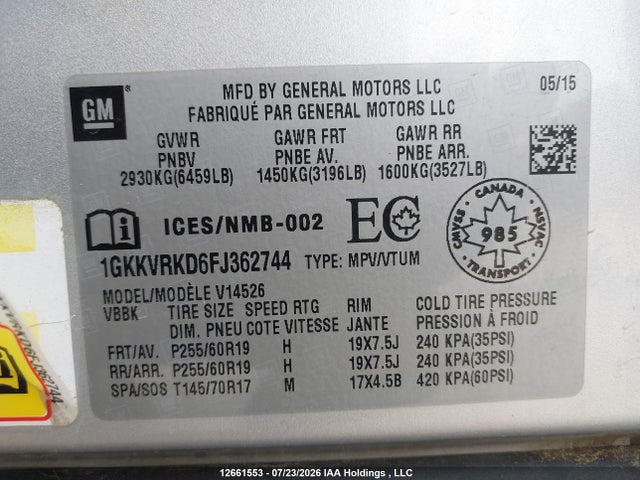 Auction sale of the 2015 Gmc Acadia Slt1, vin: 1GKKVRKD6FJ362744, lot number: 12661553
