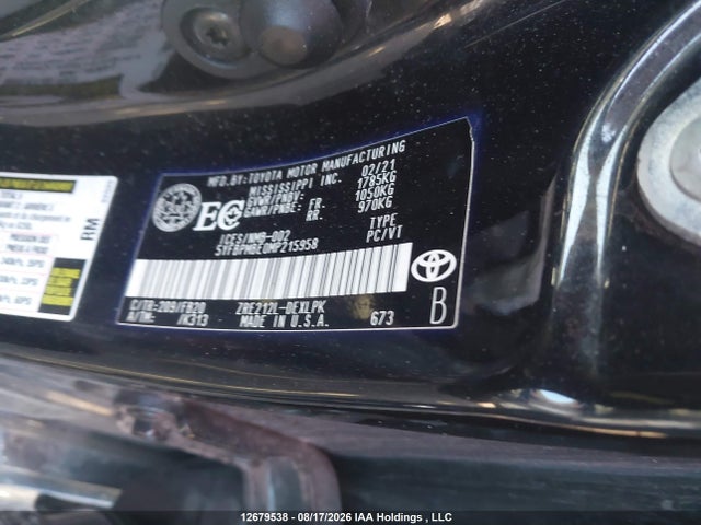 12679538 :رقم المزاد ، 5YFBPMBE0MP215958 vin ، 2021 Toyota Corolla Le مزاد بيع