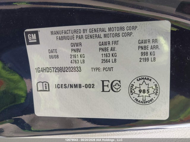 2008 Buick Lucerne Cxl მანქანა იყიდება აუქციონზე, vin: 1G4HD57298U202833, აუქციონის ნომერი: 12679543