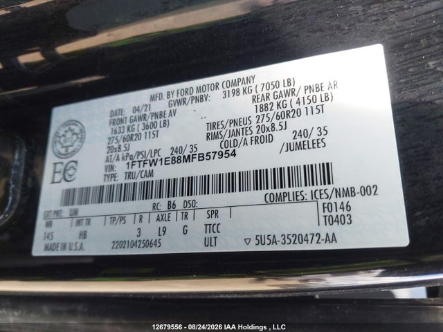 Продаж на аукціоні авто 2021 Ford F-150 Lariat, vin: 1FTFW1E88MFB57954, номер лоту: 12679556