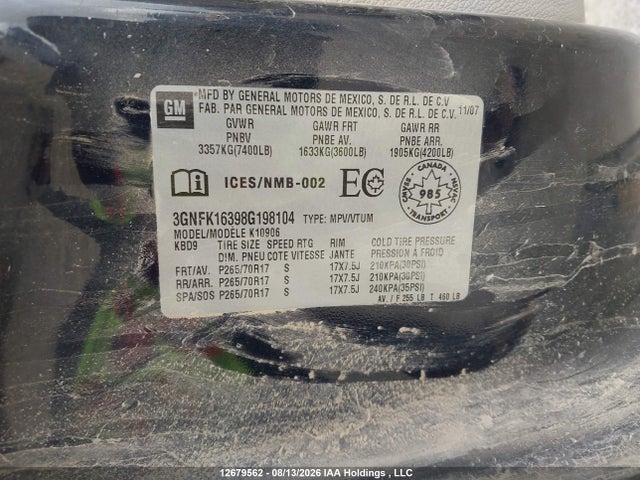12679562 :رقم المزاد ، 3GNFK16398G198104 vin ، 2008 Chevrolet Suburban Ls/lt/ltz مزاد بيع