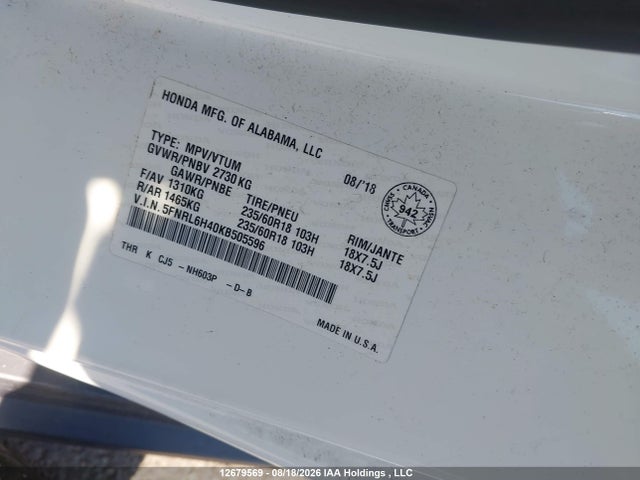 Honda ODYSSEY EX 2019 5FNRL6H40KB505596 Image 9