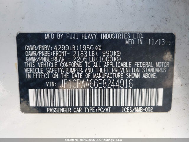 Продажа на аукционе авто 2014 Subaru Impreza, vin: JF1GPAA66E8244916, номер лота: 12679578