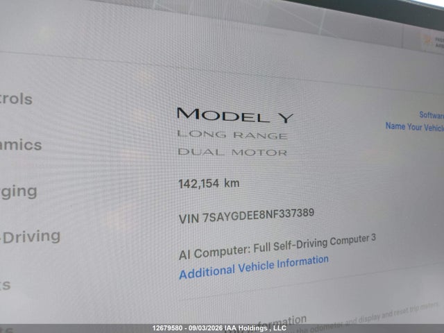 2022 Tesla Model Y Long Range მანქანა იყიდება აუქციონზე, vin: 7SAYGDEE8NF337389, აუქციონის ნომერი: 12679580
